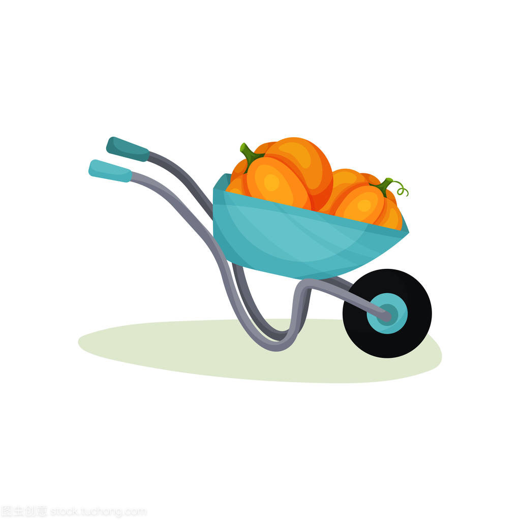 有兩個大南瓜的金屬手推車。花園車與成熟的蔬菜作物。健康的農產品。平面矢量設計
